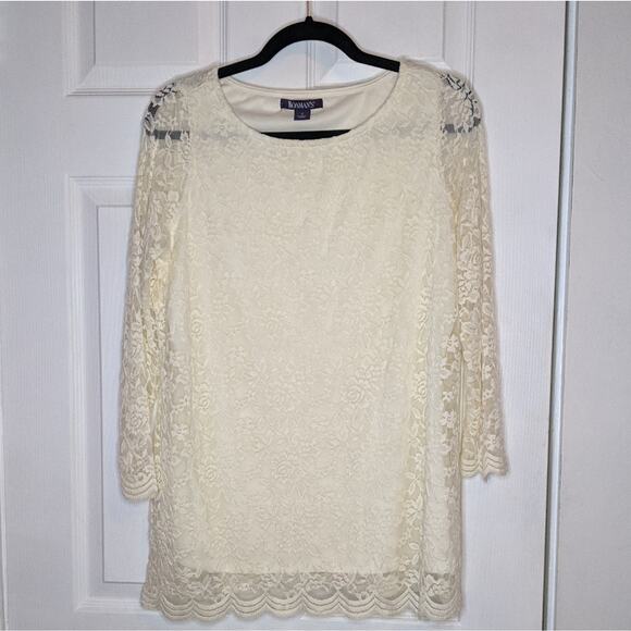 Roaman's Ivory Cream Lace Long Sleeve Blouse Top Size S 12 - Picture 3 of 13